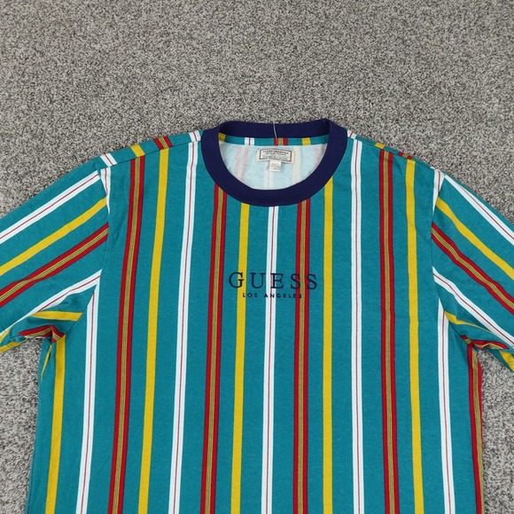 VTG Guess Shirt Mens L Blue Red Yellow Colorblock Stripe Los Angeles Rap 90s Y2K - Picture 2 of 9